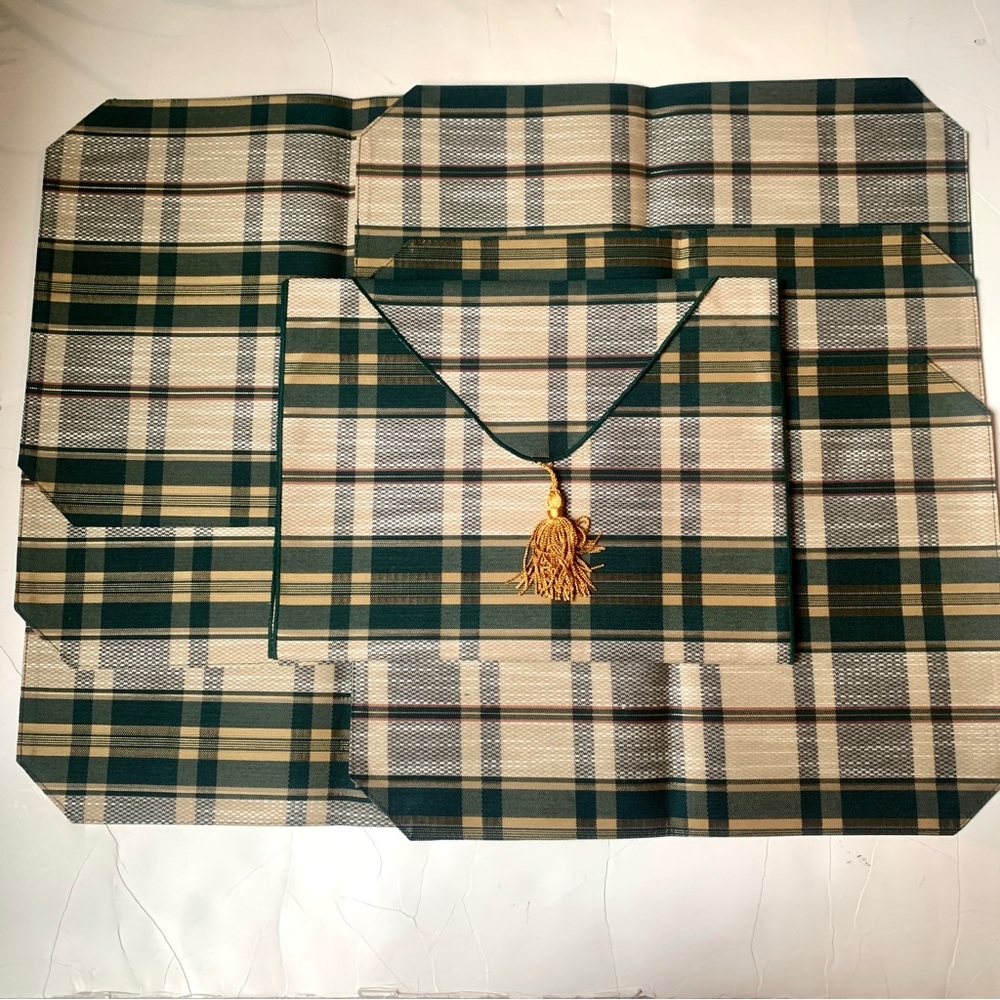 New 7pc Fiorella Green Plaid Fabric Placemats & Runner Table Linen Set Vintage